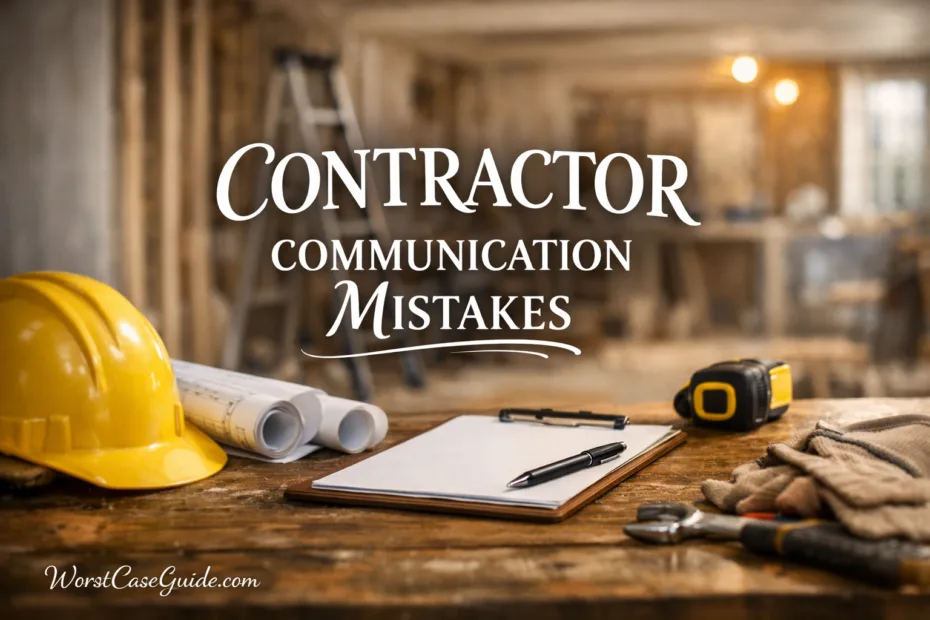 Yellow hard hat and blueprints on a wooden table for contractor communication mistakes