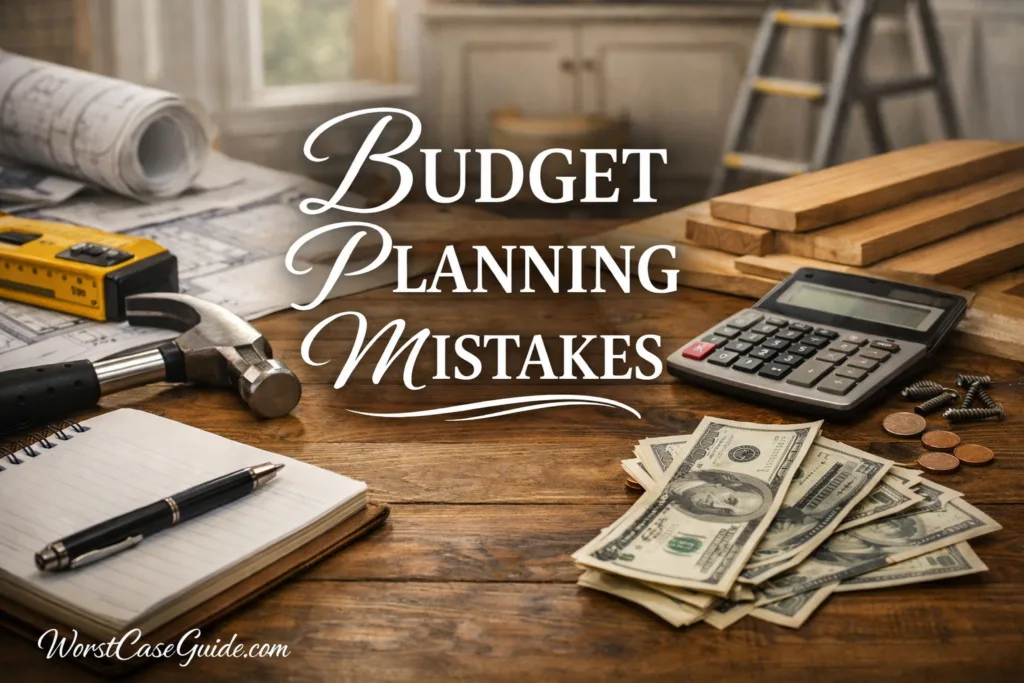 Close-up of a calculator, paper money, and a pen on a wooden table for home budget mistakes.