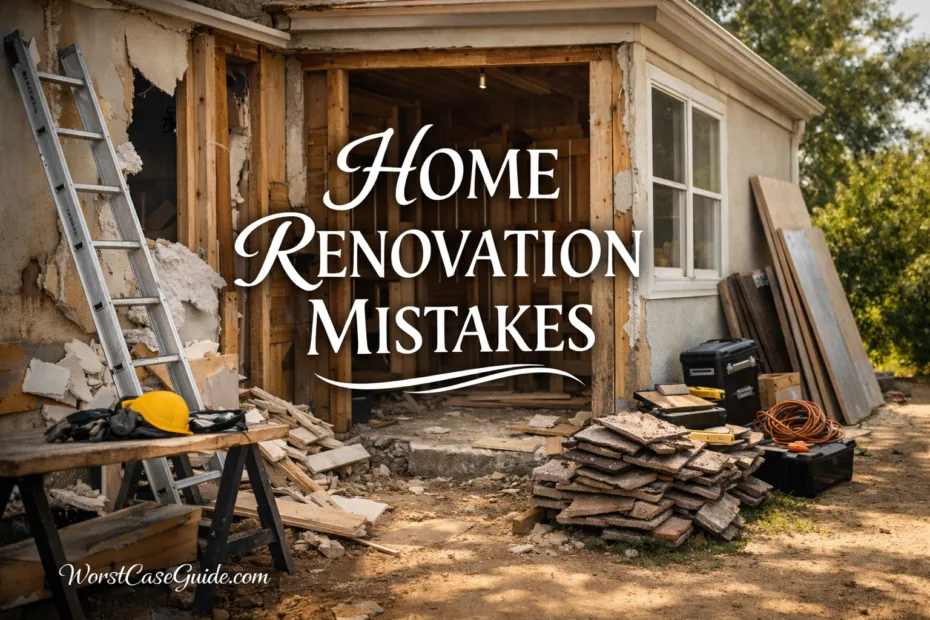 Uneven flooring and construction debris at a home renovation site