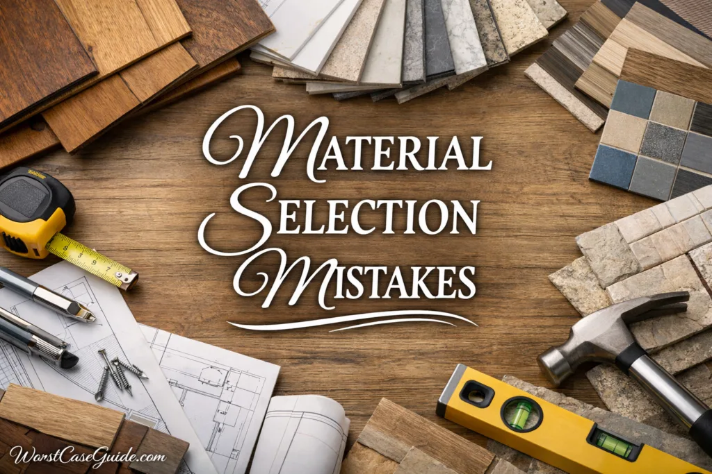 Wooden planks and a tape measure on a work table for material selection in home projects