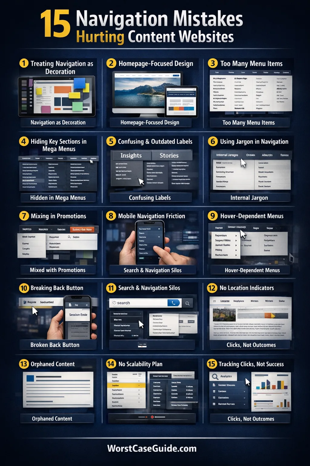 A person taps on a navigation menu on a content website with a cluttered layout and small icons.