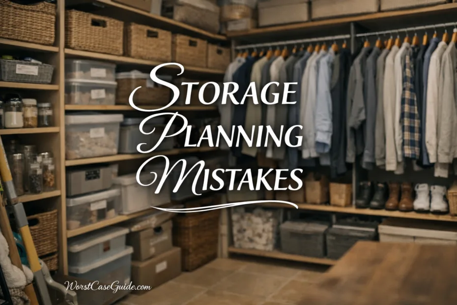 Closet with hanging clothes and organized shelves full of storage boxes.