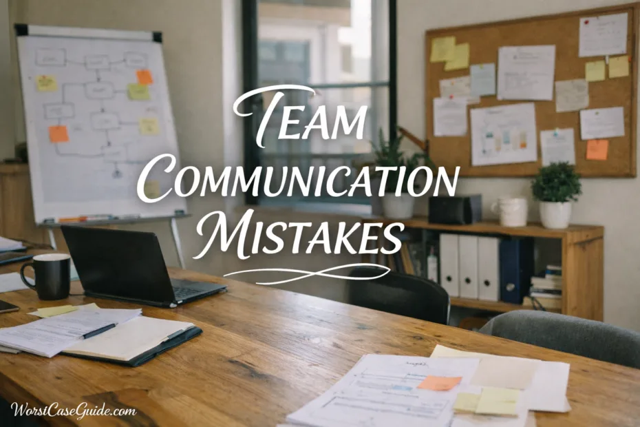 A cluttered office desk with scattered papers and a bulletin board with sticky notes about team communication…