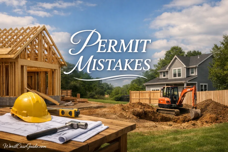 Construction site with a wooden framework and a yellow excavator in the background