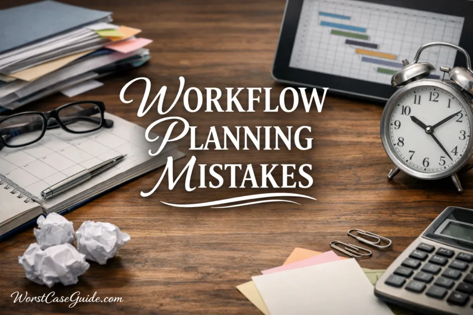 Disorganized desk with a notebook, pen, and scattered papers showing workflow planning errors.