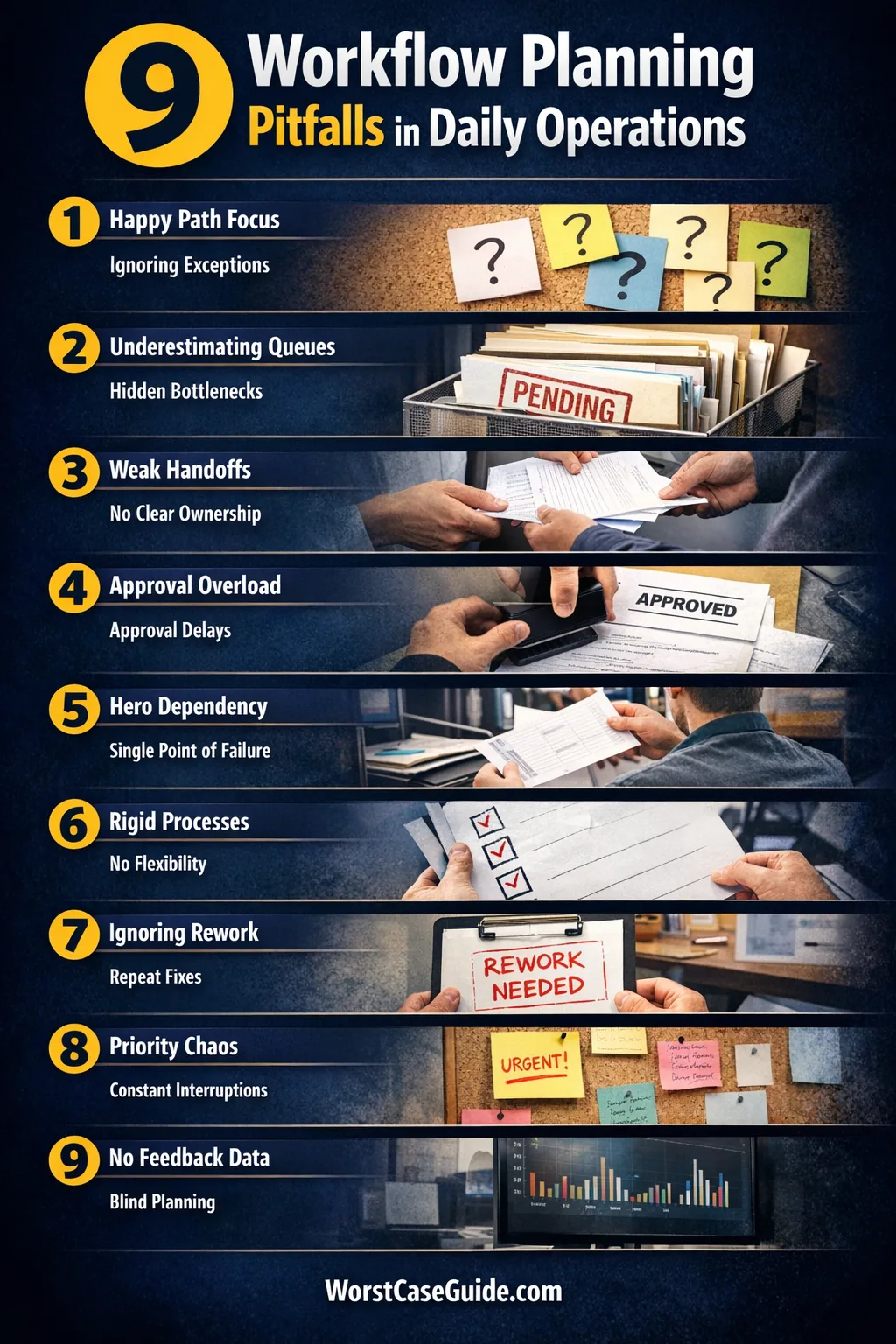 Person pointing at a checklist with marked mistakes in workflow planning during daily operations.
