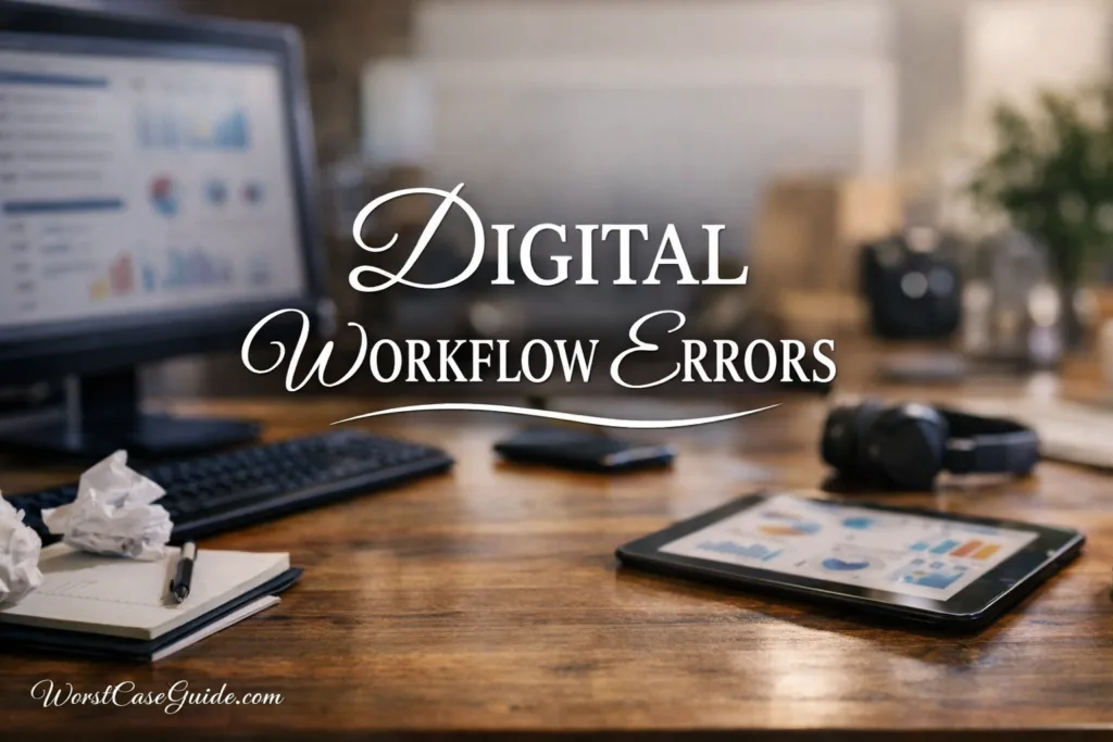 Laptop and tablet on a desk with a digital workflow error message on the screen.