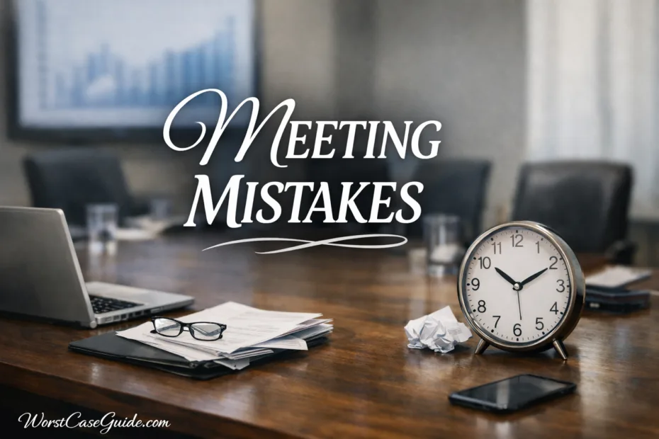 Clock showing time placed next to a closed notebook on a wooden desk for meeting management mistakes