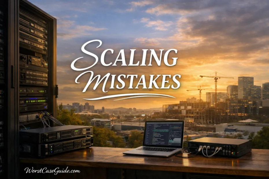 Laptop on a desk with a city skyline view during sunset, illustrating system scaling mistakes in growing proje…