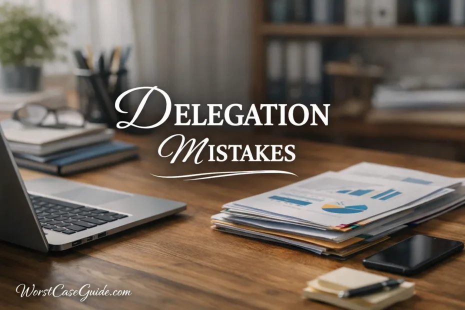 Close-up of a desk with a laptop, notepad, and a pen, illustrating delegation mistakes overload managers.