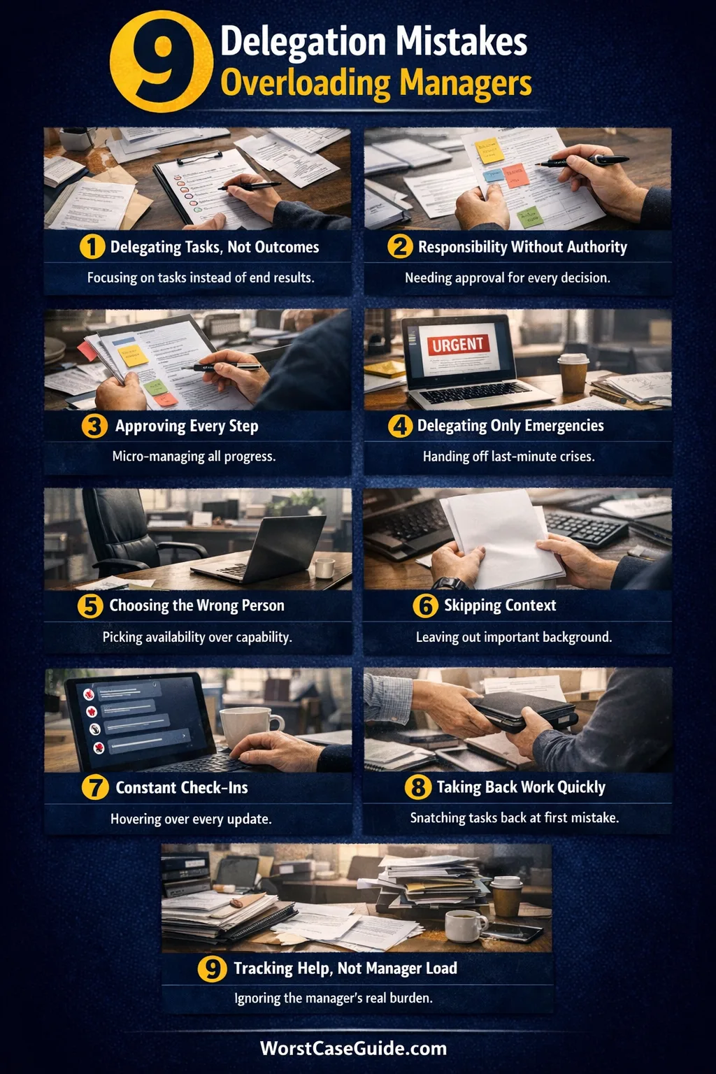 Close-up of a person pointing at a tablet screen showing delegation mistakes in a presentation or training session.