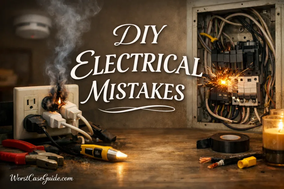 Close-up of a person using a screwdriver next to exposed wires and a burning electrical panel, illustrating electrical DIY mi…