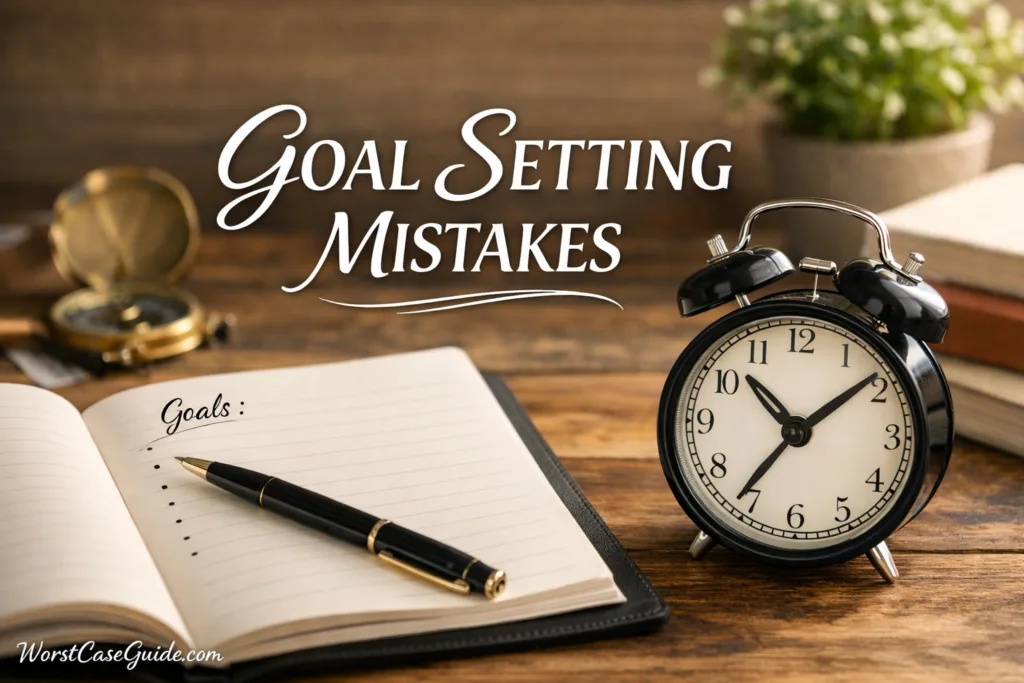 Close-up of a notebook with a pen and a clock, illustrating goal setting mistakes.