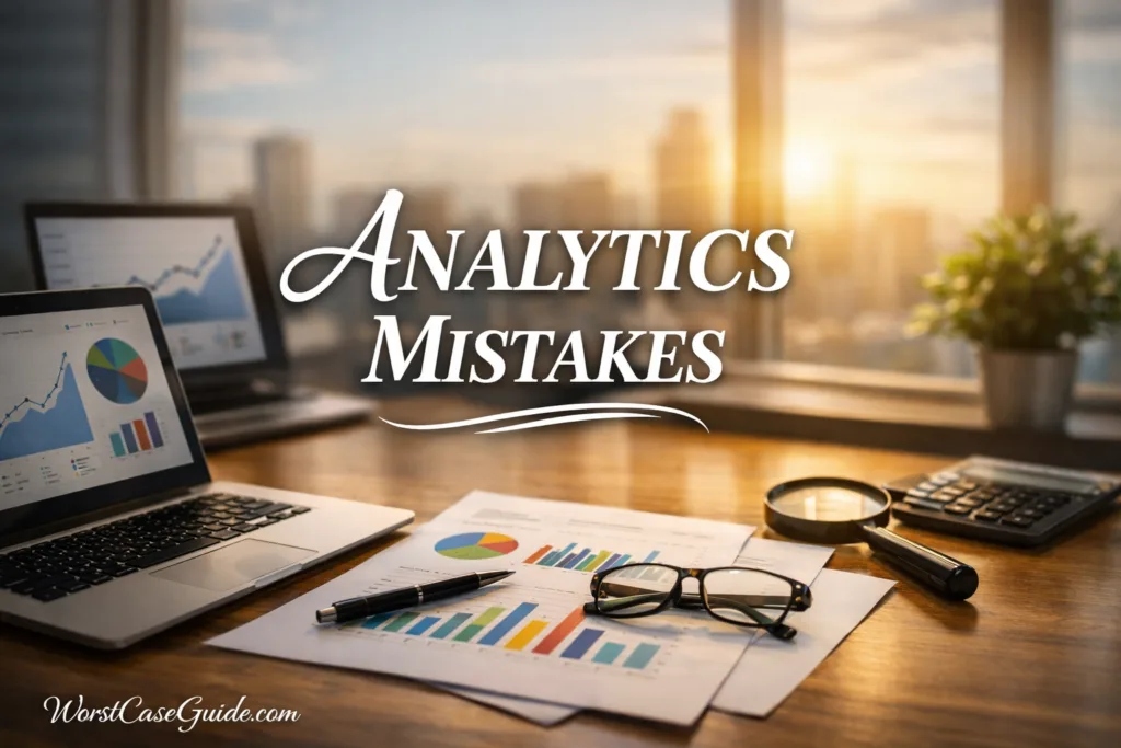 Close-up of a computer screen and scattered documents on a desk related to analytics setup mistakes.