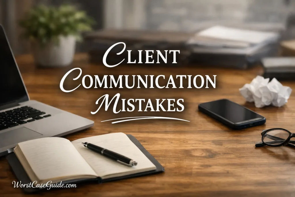 Open notebook, pen, and smartphone on wooden desk showing client communication mistakes.