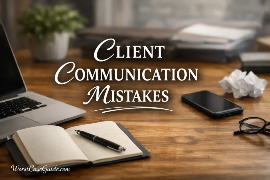 Open notebook, pen, and smartphone on wooden desk showing client communication mistakes.