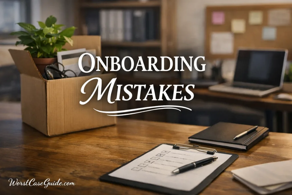Close-up of a desk with a clipboard, pen, and a smartphone in an onboarding setup.
