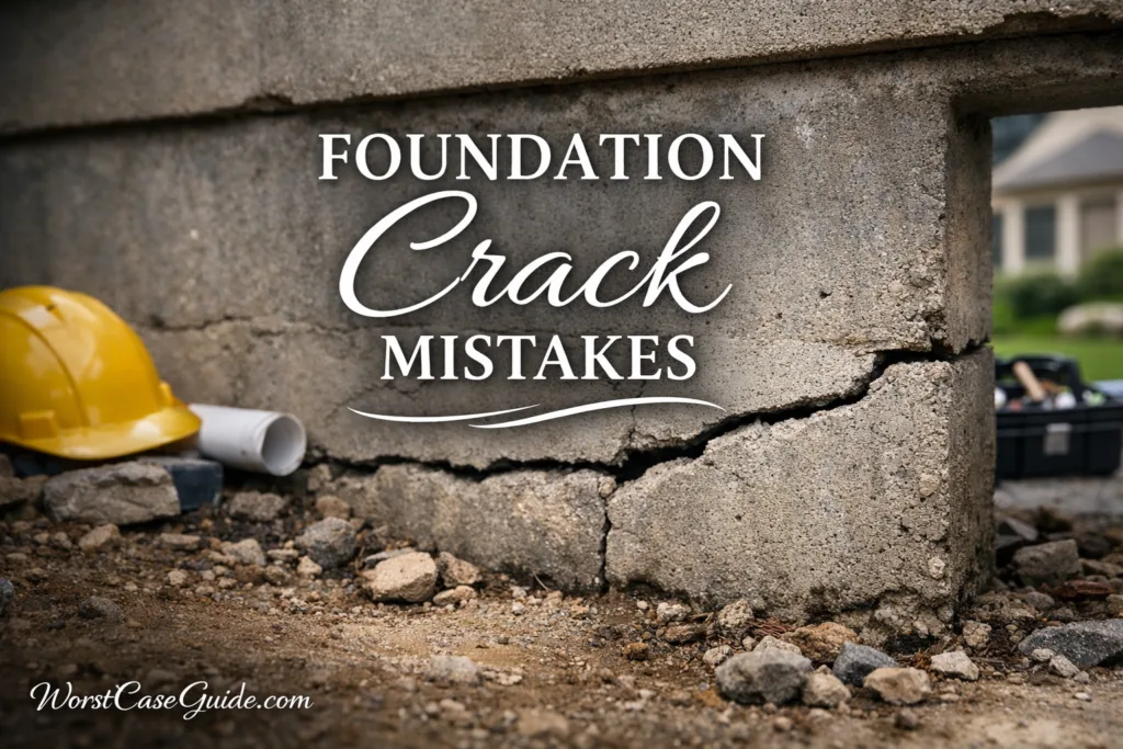 Close-up of a cracked foundation wall with a pencil pointing at the damage.