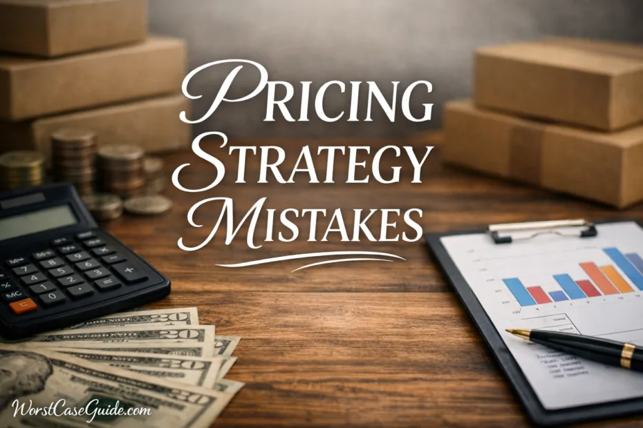 A notebook, calculator, and a stack of dollar bills on a wooden desk titled 'Pricing Strategy Mistakes'.