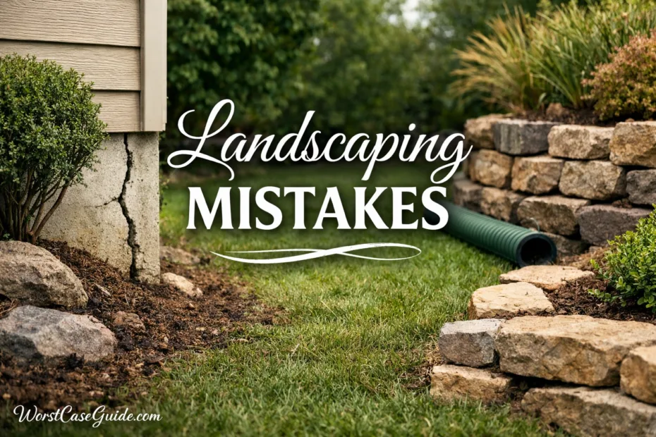 Garden with uneven soil and a leaning tree showing drainage issues from landscaping mistakes.