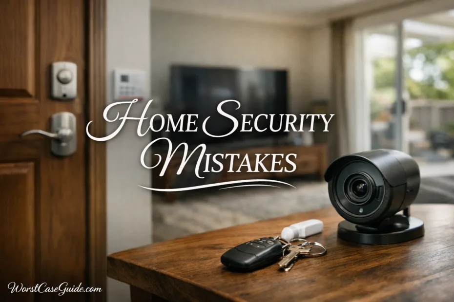Close-up of a home security camera mounted on a wooden wall, illustrating a common home security mistake.