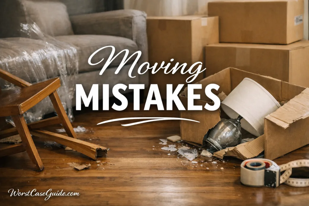 Broken vase on the floor surrounded by scattered packing materials during a move.