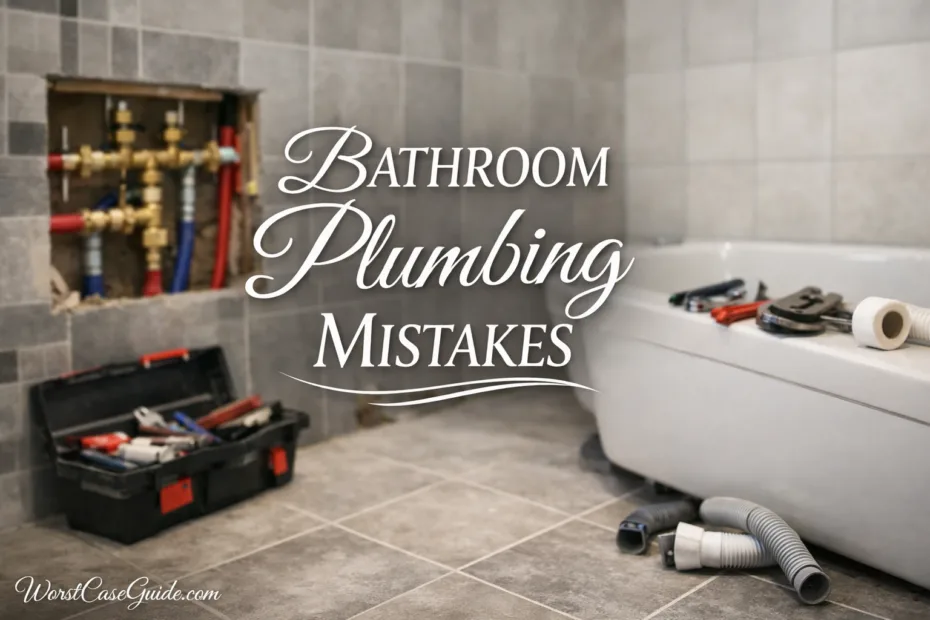 Bathroom plumbing mistakes caused by a poorly installed pipe joint near the bathtub in a bathroom remodel.