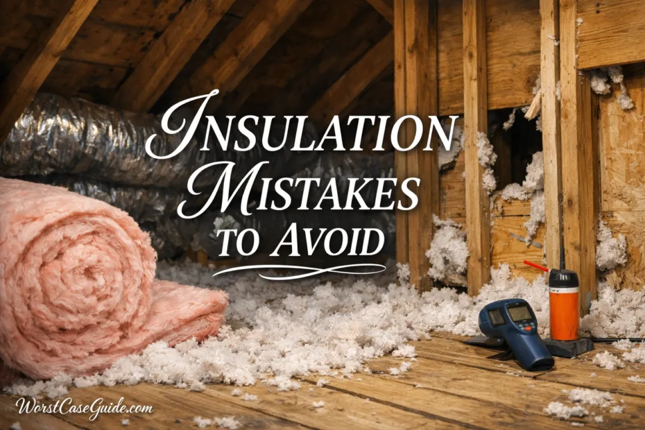 Person installing insulation between wooden floorboards with exposed fiberglass material visible.