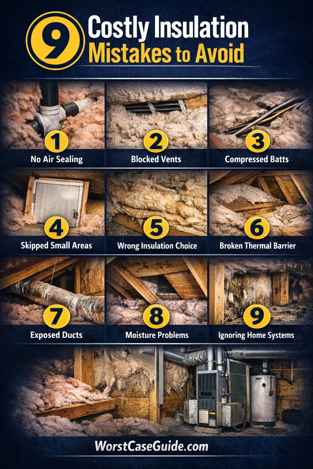 Close-up of broken insulation material with gaps exposing the wall behind, illustrating insulation mistakes.