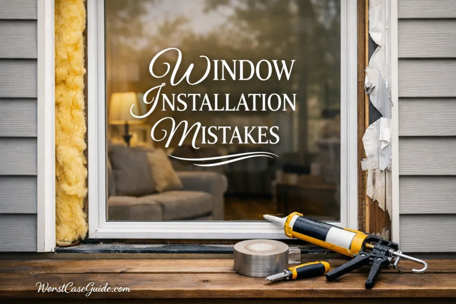 Close-up of a window frame with a damaged seal and a caulking gun nearby, illustrating window installation mistakes.