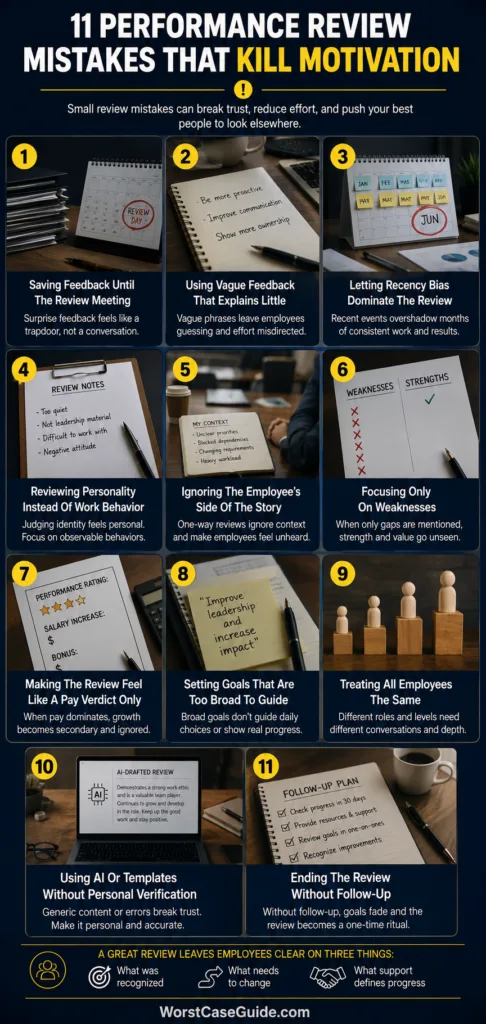 Employees receive feedback during performance reviews, highlighting common mistakes that can demotivate staff and hinder growth.