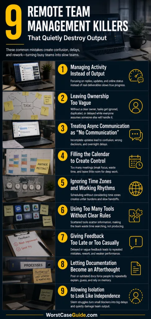 Tips for avoiding common remote team mistakes to boost productivity and improve management efficiency.