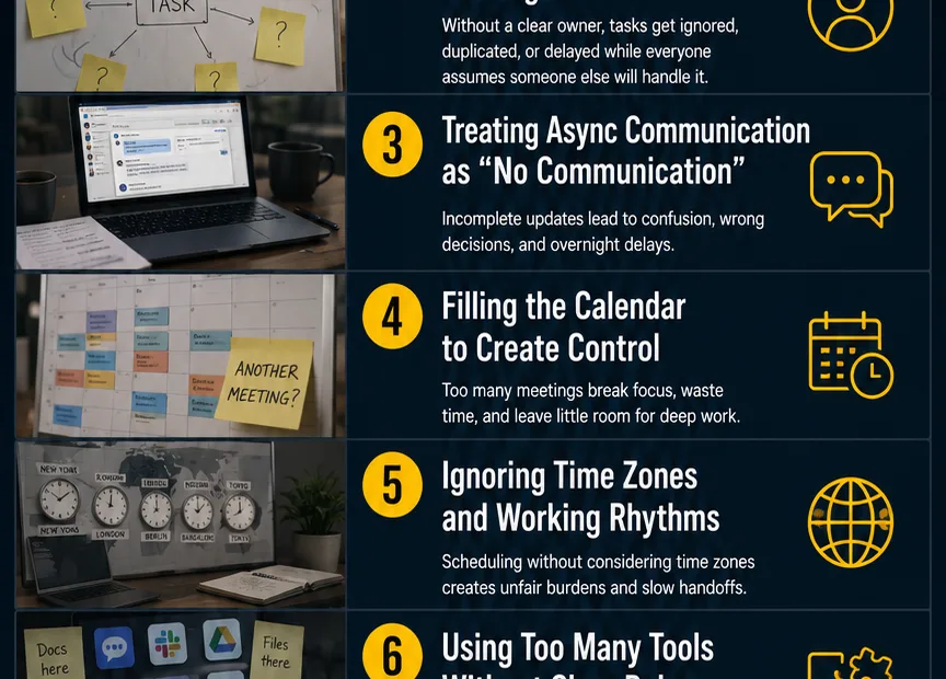 Tips for avoiding common remote team mistakes to boost productivity and improve management efficiency.