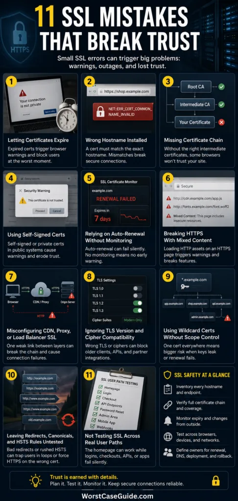 Common SSL certificate mistakes that can cause secure connection issues and disrupt website security.