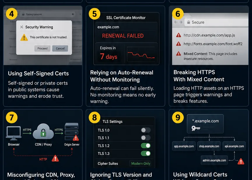Common SSL certificate mistakes that can cause secure connection issues and disrupt website security.