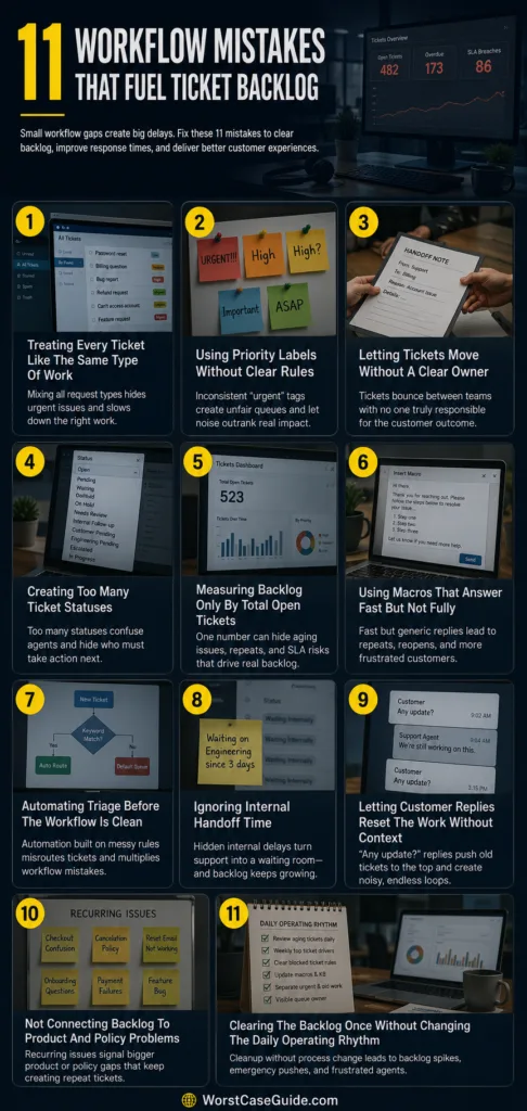 Common support workflow mistakes that lead to higher ticket backlog and frustrate customers, causing delays in resolving support issues.