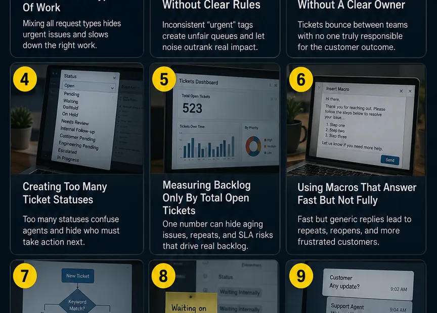 Common support workflow mistakes that lead to higher ticket backlog and frustrate customers, causing delays in resolving support issues.