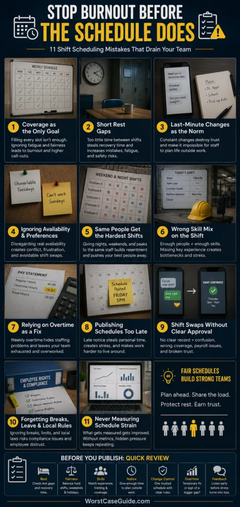 Common shift scheduling mistakes that can lead to staff burnout and affect team productivity.