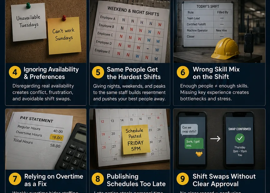 Common shift scheduling mistakes that can lead to staff burnout and affect team productivity.