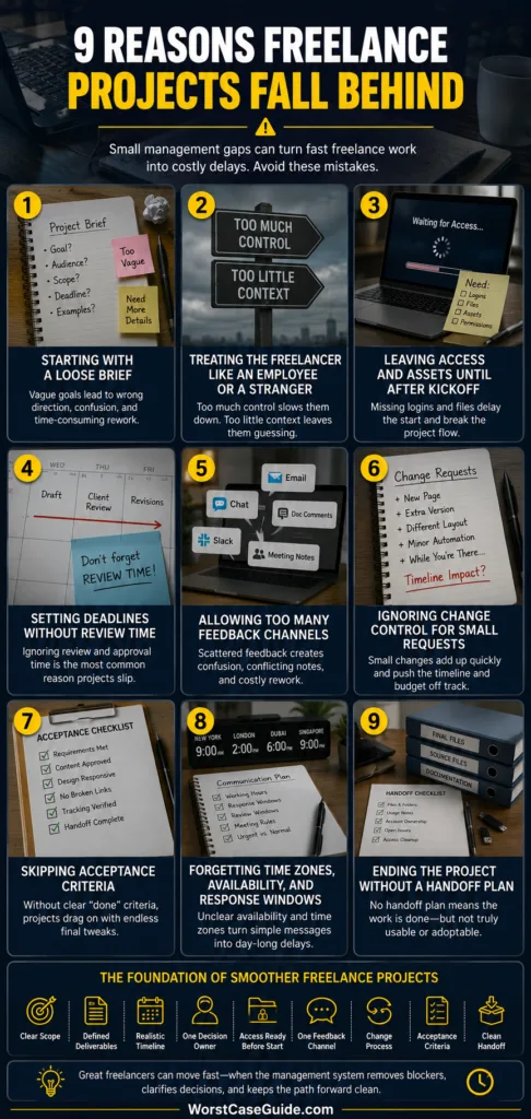Common freelancer management mistakes that can cause project delays and how to avoid them for smoother workflow.