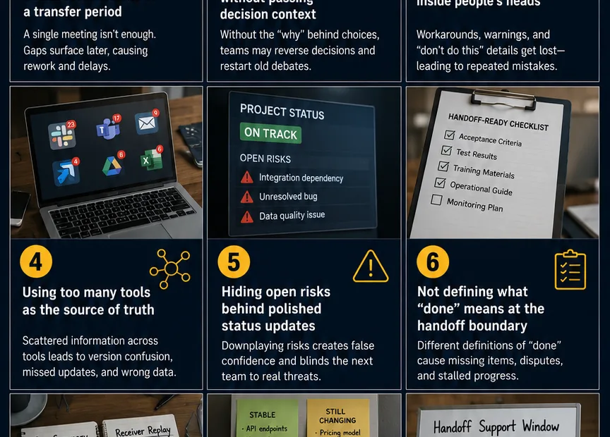 Team handoff mistakes that lead to information loss and disruptions during project transitions.