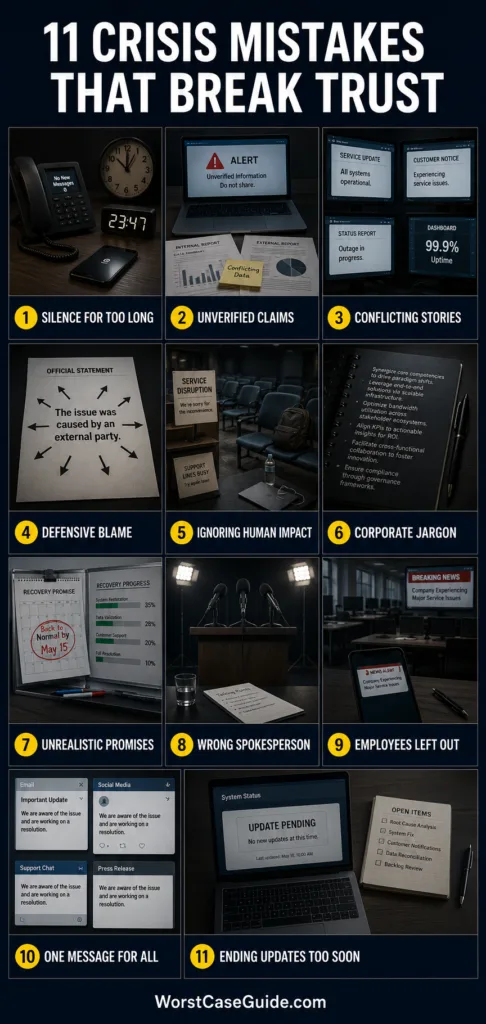 Signs with crisis communication mistakes that can harm reputation shared in a workplace or corporate environment.