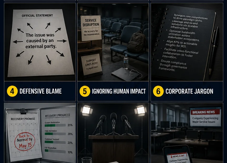 Signs with crisis communication mistakes that can harm reputation shared in a workplace or corporate environment.