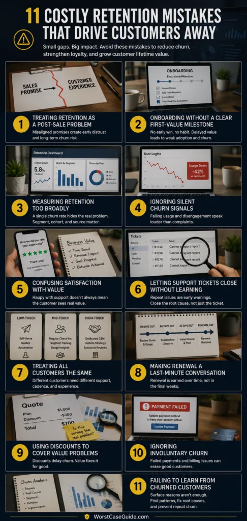 Visual guide showcasing common customer retention mistakes that can lead to increased churn for businesses.