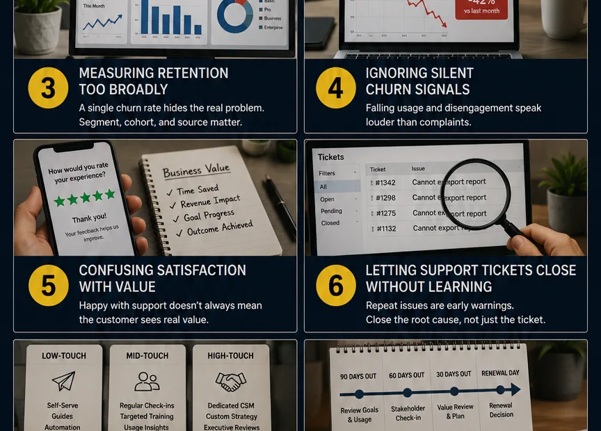 Visual guide showcasing common customer retention mistakes that can lead to increased churn for businesses.