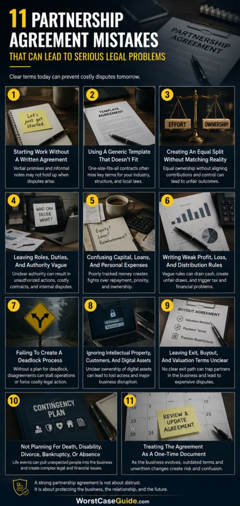 Visual guide illustrating common partnership agreement mistakes that can lead to legal issues in business relationships.