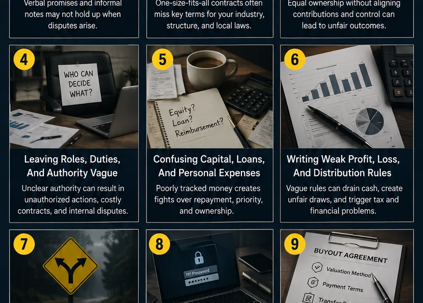 Visual guide illustrating common partnership agreement mistakes that can lead to legal issues in business relationships.
