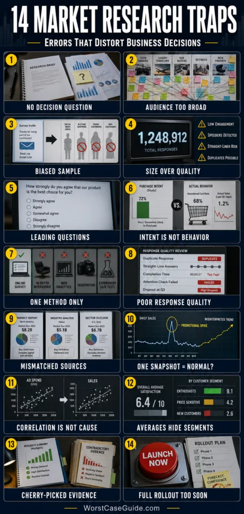 Visual breakdown of common market research mistakes that can cause inaccurate business decisions.