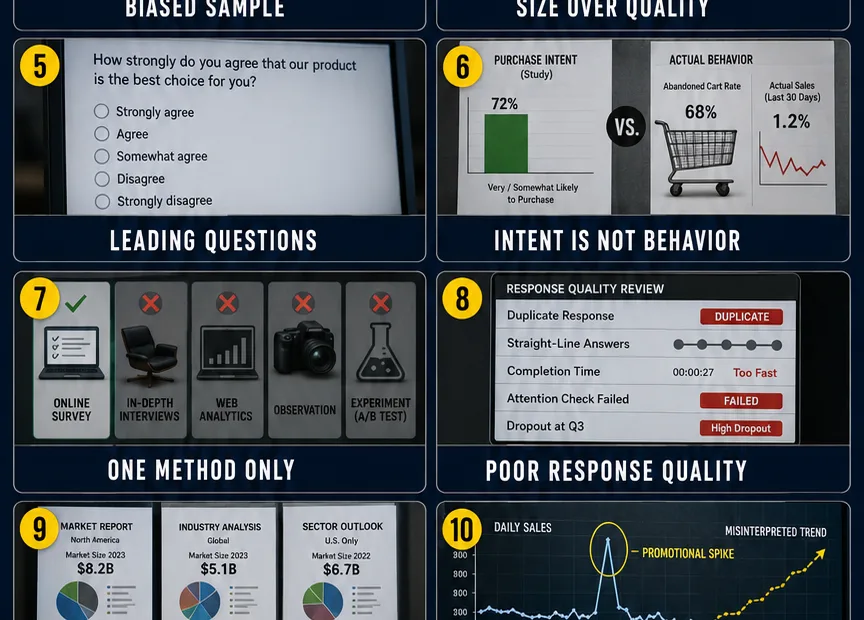 Visual breakdown of common market research mistakes that can cause inaccurate business decisions.