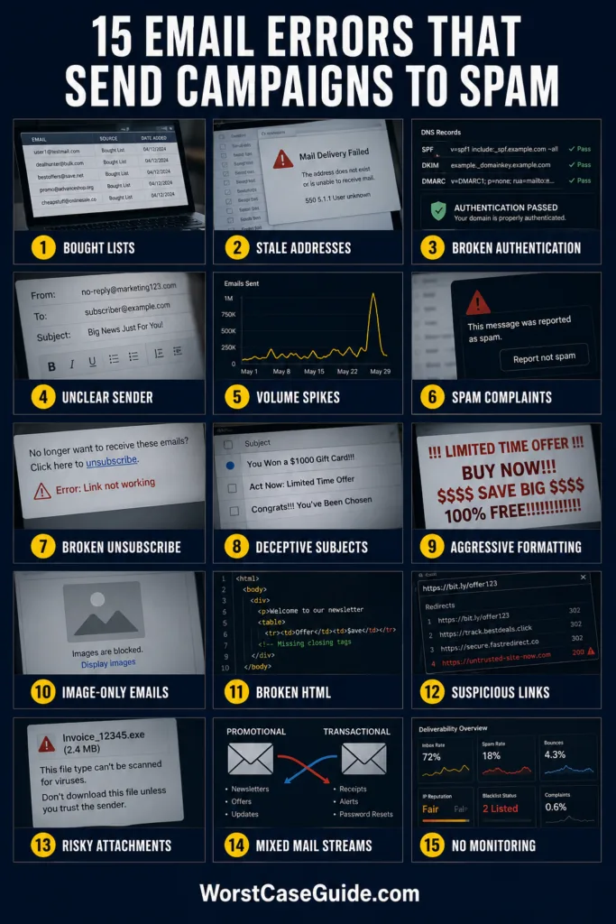 Common email marketing mistakes that can cause messages to be flagged as spam, leading to lower engagement and inbox delivery issues.